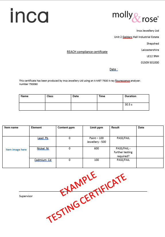 REACH Testing Certificate Example