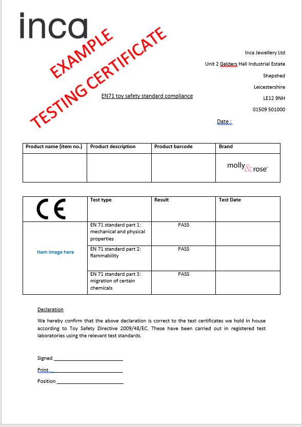 EN71 Example Testing Certificate