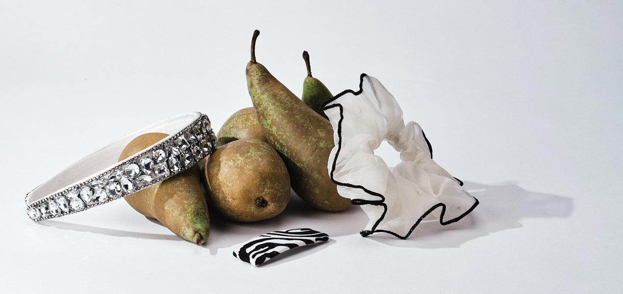 Wholesale hair accessories - hair clip, headband and scrunchie with pears.