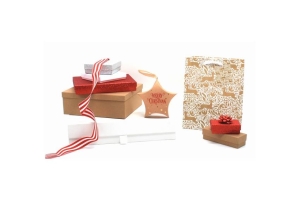 Kraft box with red and white ribbon and foliage decoration