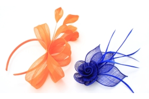 Orange fascinator on a headband and blue fascinator with comb 