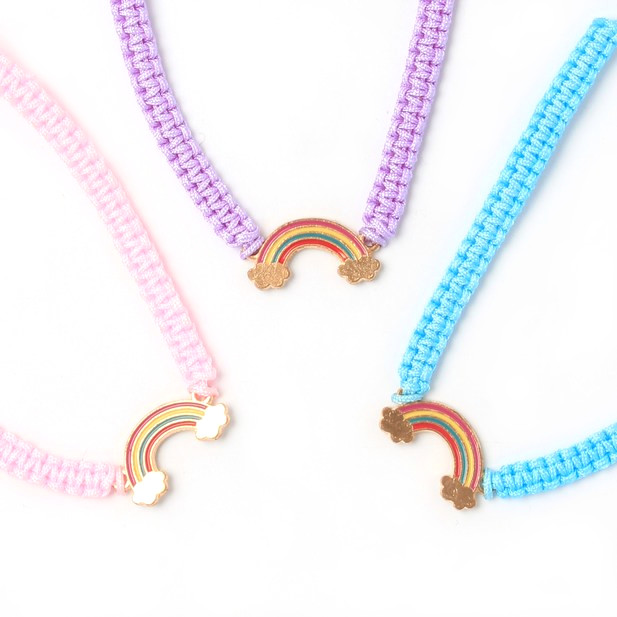 Corded charm bracelets with rainbow charms.