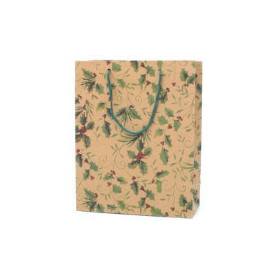 24.5x19x8cm. Holly print kraft paper gift bag