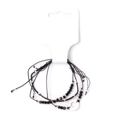 Card of 3 black corded bracelets with beads and charms