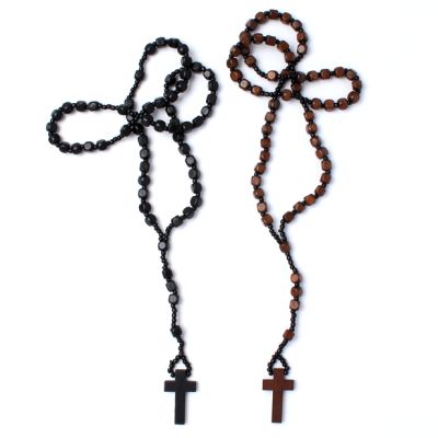 36" wooden bead necklace with cross pendant