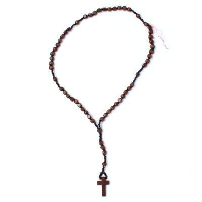 36" wooden bead necklace with cross pendant