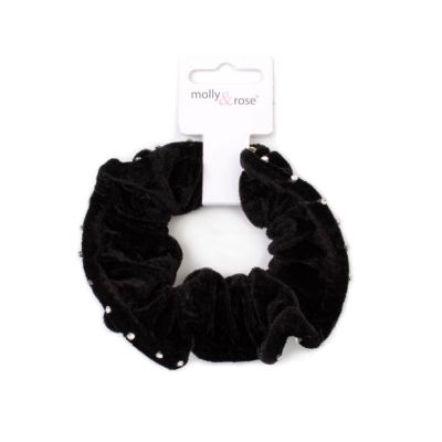Large - Black velvet scrunchie with diamante crystals. Dia.12cm