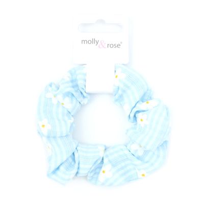 Small - Daisy print striped scrunchie. Dia.8cm