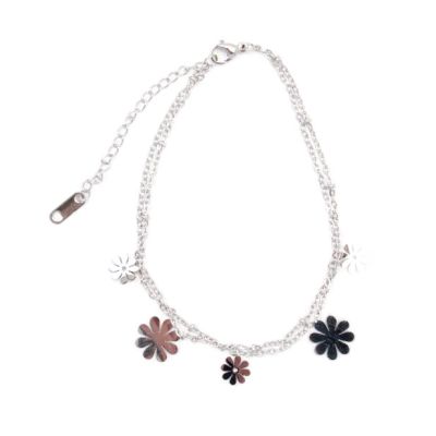Silver daisy charm double chain anklet
