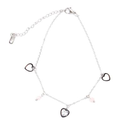 Silver anklet with heart charms and pink beads