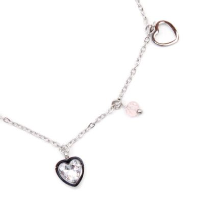 Silver anklet with heart charms and pink beads