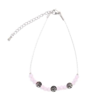 Narrow chain anklet with pink beads and tree of life charms