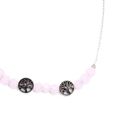 Narrow chain anklet with pink beads and tree of life charms