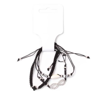 Card of 3 black corded bracelets with beads and charms