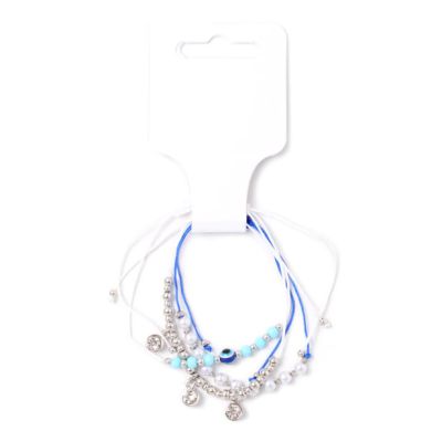 Card of 3 blue and white corded bracelets with beads and charms