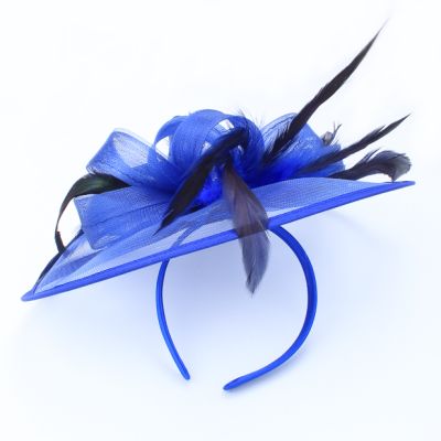Style Doris. Large Blue net and feather fascinator on an aliceband