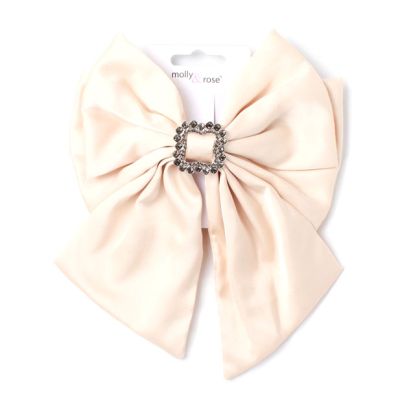 Light Fawn bow barrette clip with tails and crystals 10cm