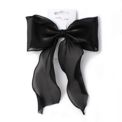 Black chiffon double bow barrette clip with tails 8cm