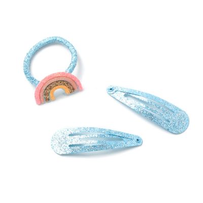 Card of 4 blue glitter sleepies and 2 rainbow motif elastics set