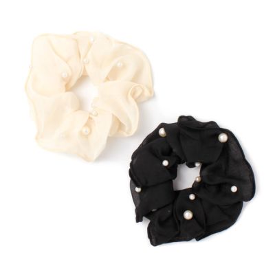 Large - Chiffon and pearl bead scrunchie.Dia. 13cm