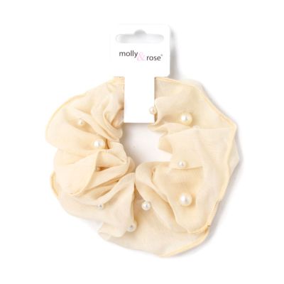 Large - Chiffon and pearl bead scrunchie.Dia. 13cm