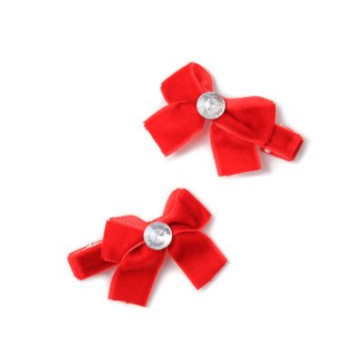 Card of 2 red velvet bow clips 5cm