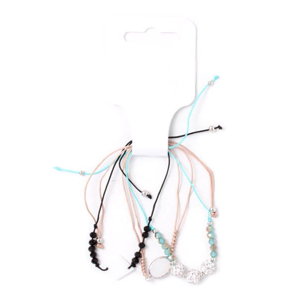 Card of 3 mixed colour corded bracelets with beads and charms main product photo