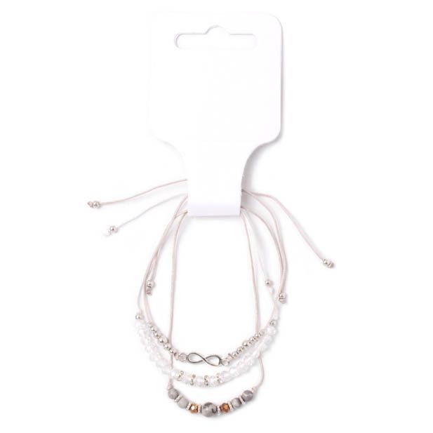 Card of 3 grey and white corded bracelets with beads and charms main product photo