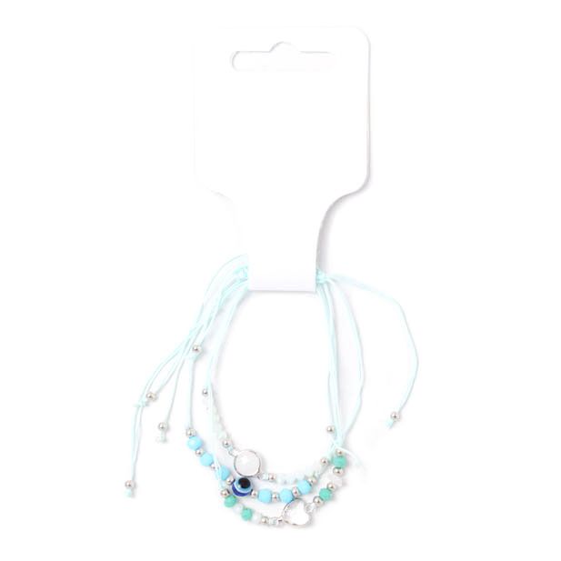 Card of 3 pale blue corded bracelets with beads and charms main product photo