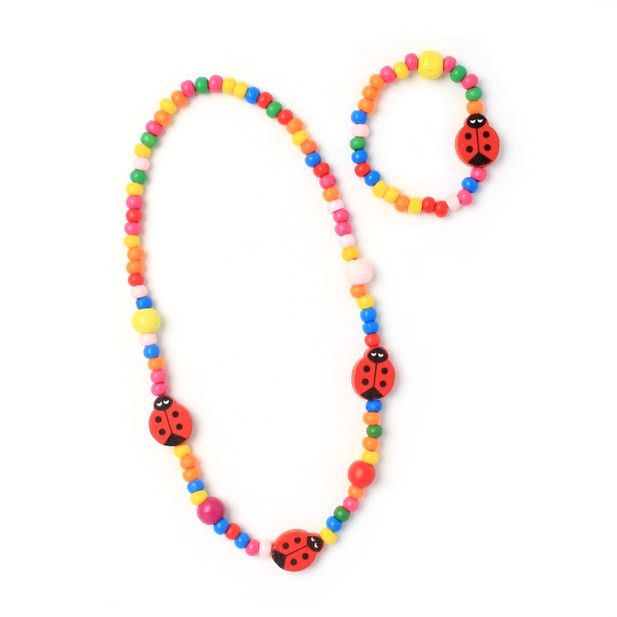 Childrens wooden bead necklace with ladybird charms main product photo