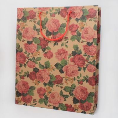 Size: 39x32x10cm Brown paper floral print gift bag
