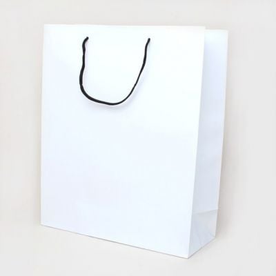 32x26x10cm. White gift bag with black handles