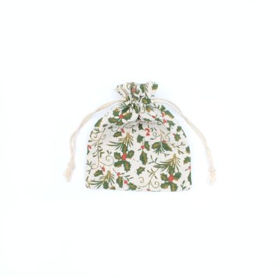 16x14cm. Holly print cotton rich drawstring bag