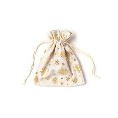 16x14cm. Gold snowflake drawstring bag