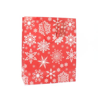 32x26x12cm. Red snowflake design gift bag with tag