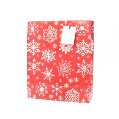 32x26x12cm. Red snowflake design gift bag with tag