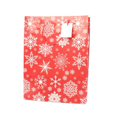 40x30x12cm. Red snowflake design gift bag with tag