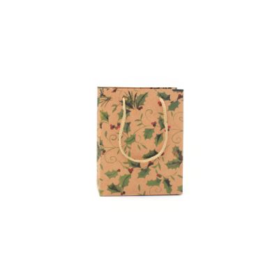 14.5x11.5x6cm. Holly print kraft paper gift bag