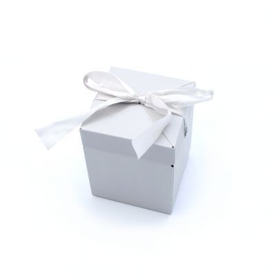 Size: 8.5x8.5x10cm. Dove Grey folding gift box with attached lid & ribbon tie