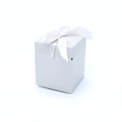 Size: 8.5x8.5x10cm. Dove Grey folding gift box with attached lid & ribbon tie