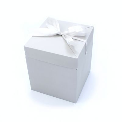 Size: 13x13x15cm. Dove Grey folding gift box with attached lid & ribbon tie