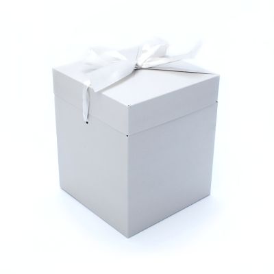 Size: 13x13x15cm. Dove Grey folding gift box with attached lid & ribbon tie