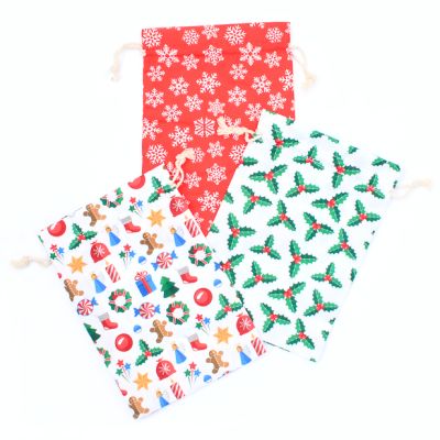 19.5x14cm. Mixed pack of Christmas drawstring pouches