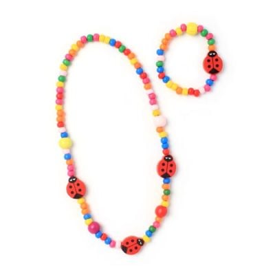Childrens wooden bead necklace with ladybird charms