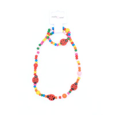 Childrens wooden bead necklace with ladybird charms