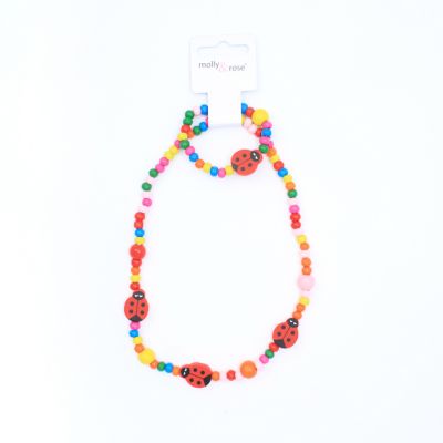 Childrens wooden bead necklace with ladybird charms