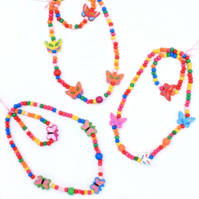 Childrens wooden butterfly bead necklace and bracelet set