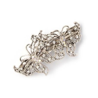 Vintage style double butterfly crystal barrette 8.5cm