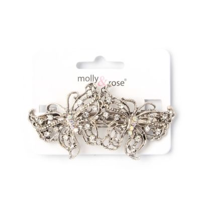 Vintage style double butterfly crystal barrette 8.5cm