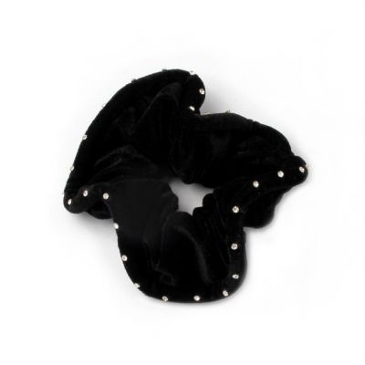 Large - Black velvet scrunchie with diamante crystals. Dia.12cm